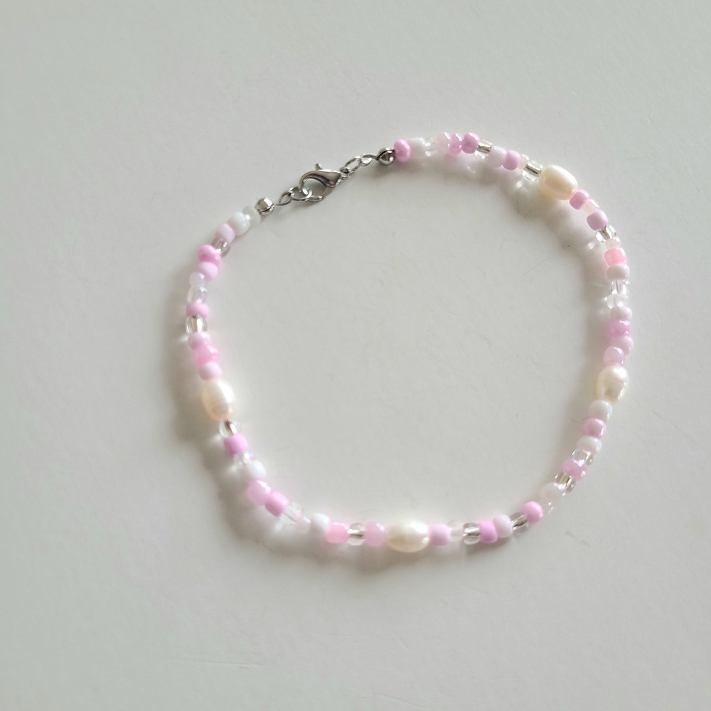 Pink and White Beaded Ankle Bracelet - Picture 2 of 8